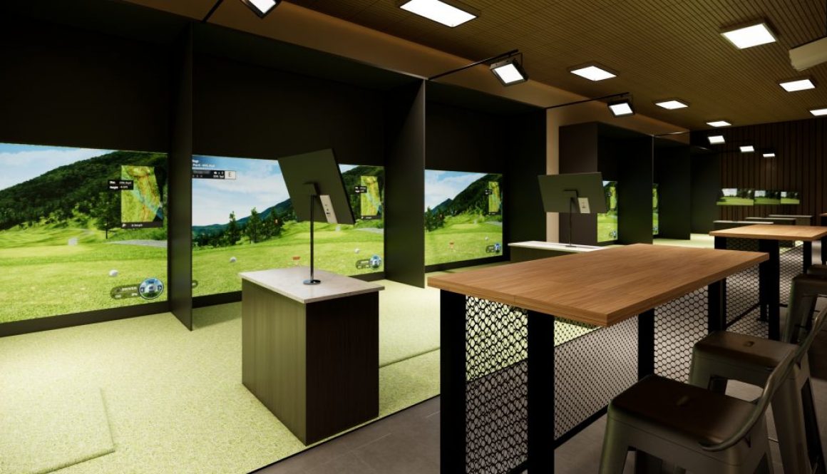 Modern indoor golf simulator setup managed with Access Golf Management, featuring a hitting station, projection screen, and seating area behind a table.