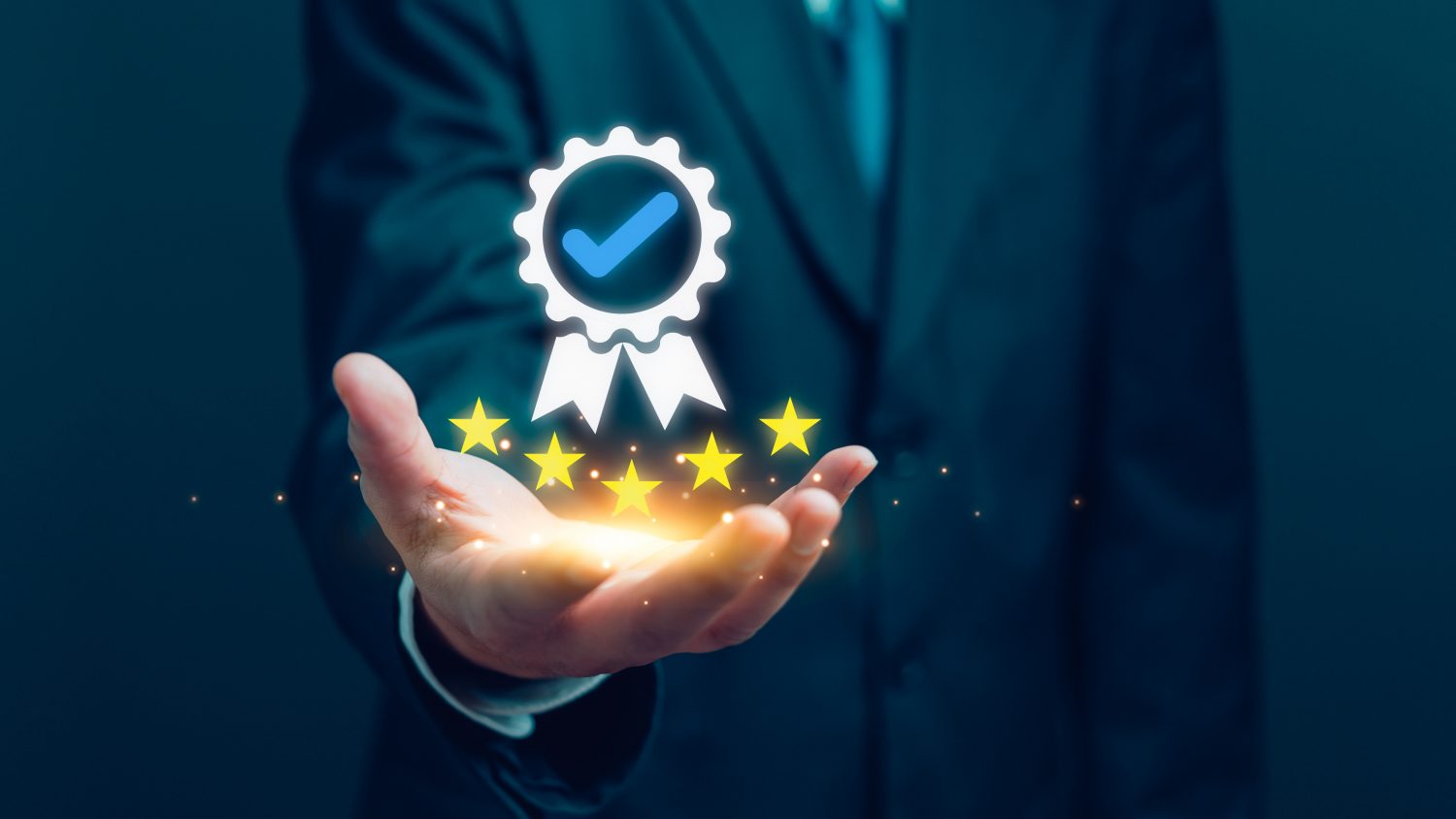 Businessman presents a glowing five-star rating and quality assurance certificate badge, certificate service excellence. Best warranty ISO standard and guarantee review. Business Marketing Business professional presenting a glowing five-star award badge, symbolizing recognition for top-rated membership management software and scheduling tools.